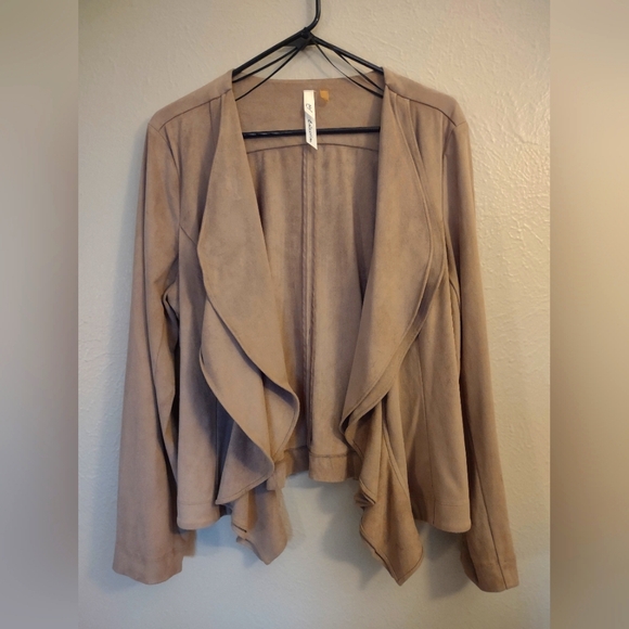 NY Collection Taupe Faux Suede Open Front Waterfall Jacket. Size Large - Picture 1 of 7